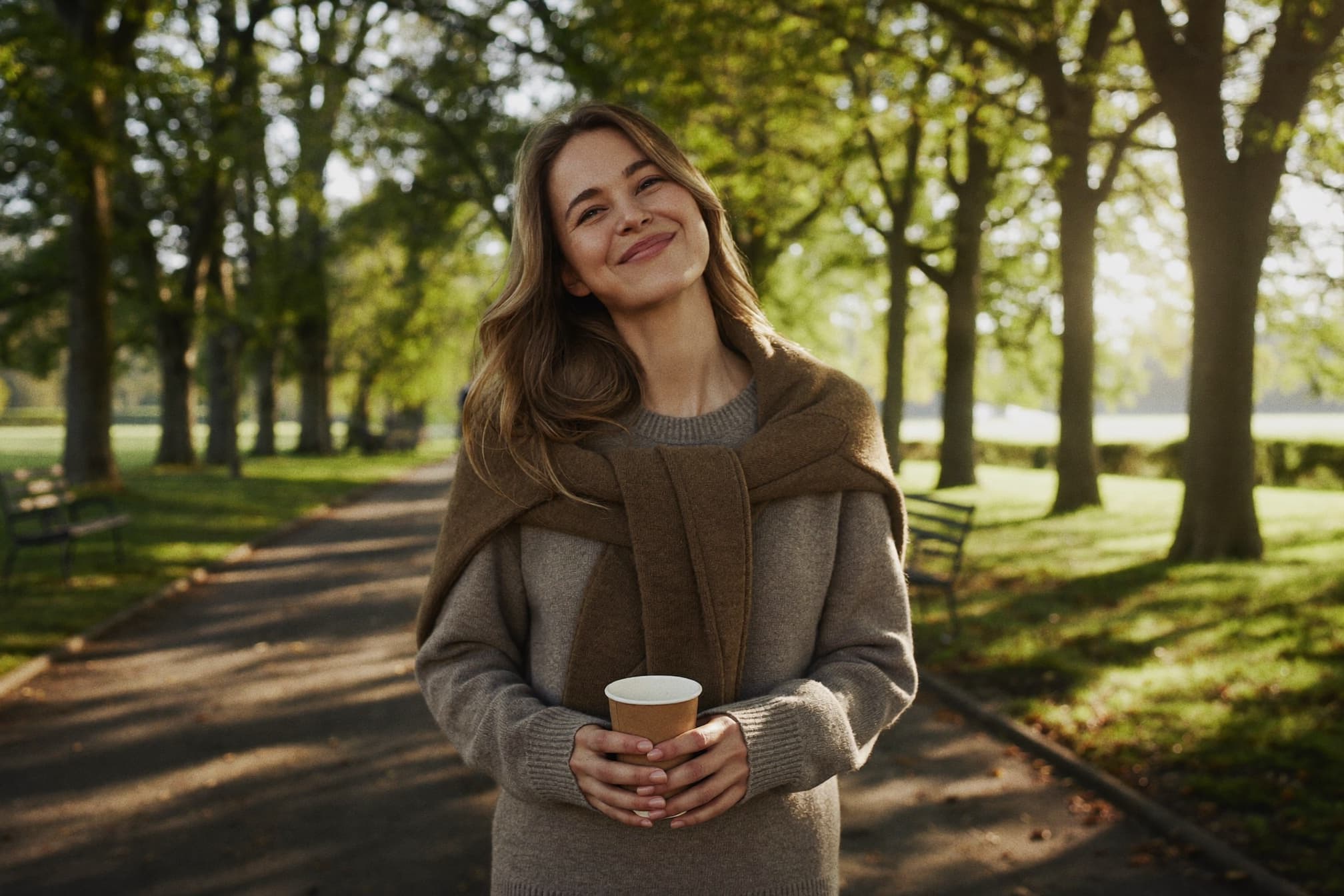 A woman smiling softly on a tree-lined path, holding a warm drink